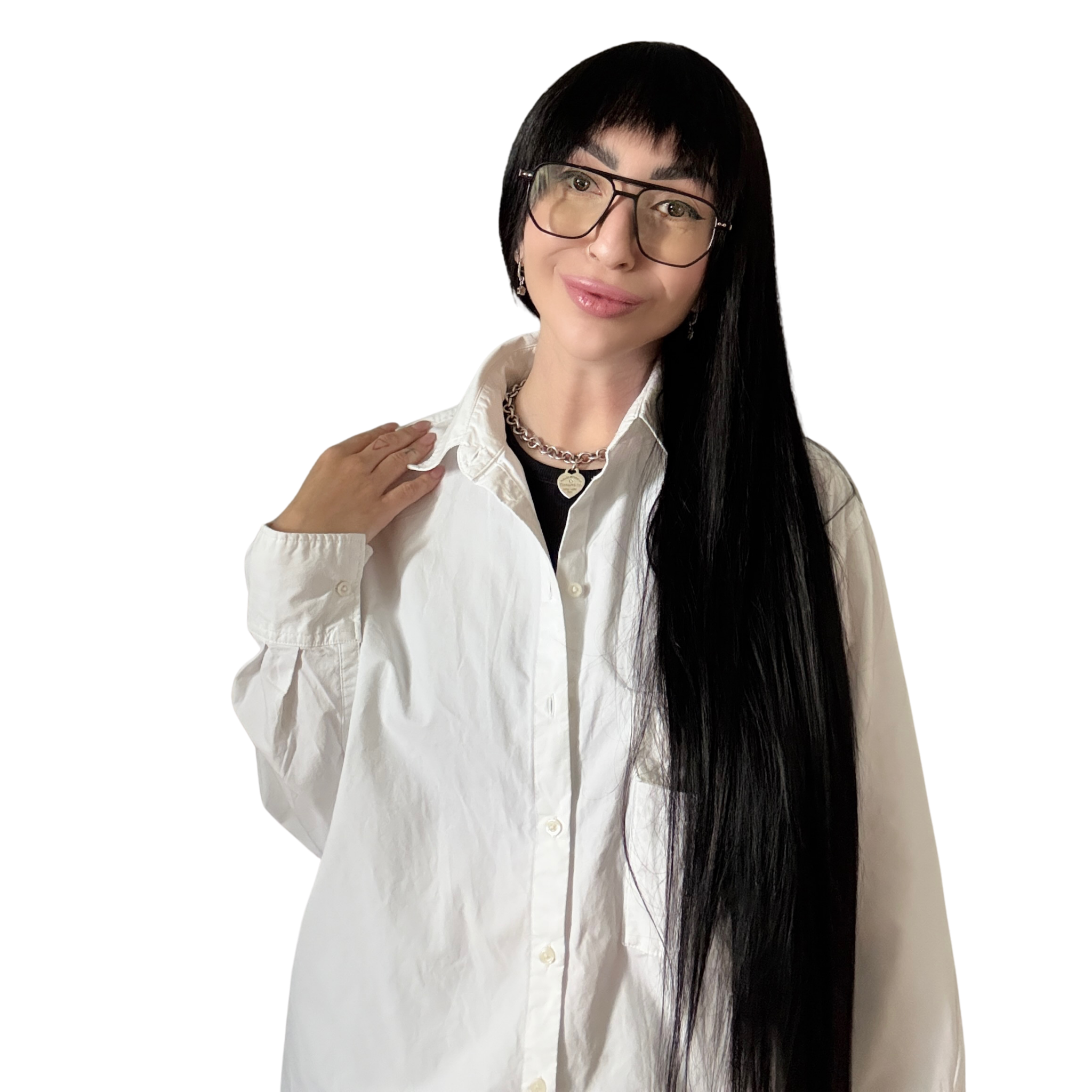 Alina Cosmas wearing glasses and a white shirt
